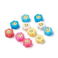 Handmade Polymer Clay Beads, Flower with Smile Face, Mixed Color, 9.5~10x4.5mm, Hole: 1.2mm(CLAY-I010-13)