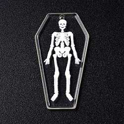 Printed Acrylic Pendants, for Halloween, Coffin with Skeleton Charm, Clear, 45x24x3mm, Hole: 1.8mm(MACR-F072-12A)