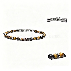 Natural Tiger Eye Round Beaded Bracelets with 304 Stainless Steel Clasps, Stainless Steel Color, 9.06 inch(23cm)(WG47F3F-01)