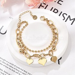 304 Stainless Steel Multi-Strand Bracelets, Ball & Cable Chain Bracelets for Women, Heart, Real 18K Gold Plated, 6-1/4 inch(16cm)(BJEW-C089-08G)