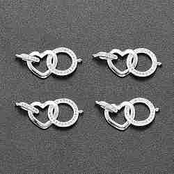 Brass Micro Pave Clear Cubic Zirconia Links Connectors, Long-Lasting Plated, Silver, Ring & Heart, Silver, 13x30x5mm, Hole: 1mm(ZIRC-L076-035S)