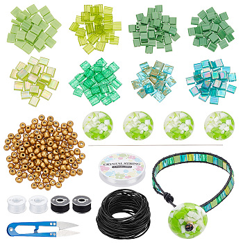 DIY Tile Bracelet Making Kit, Including Glass Seed & Resin Flat Round Beads, Polyester Bobbin Thread, Scissors, Green
