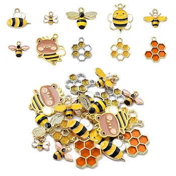 20Pcs 10 Styles Alloy Enamel Pendants, Bees & Honeycomb Charm, Mixed Color, 10~24x10.5~21x1.5~4mm, Hole: 1.4~2.5mm, 2pcs/style