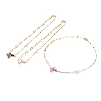 Brass Micro Pave Cubic Zirconia Butterfly Pendant Necklaces, with Resin, Natural Pearl Beads, Brass Paperclip Chains, 304 Stainless Steel Cable Chains and Lobster Claw Clasps, Golden, Mixed Color, 17-1/8 inch(43.5cm)
