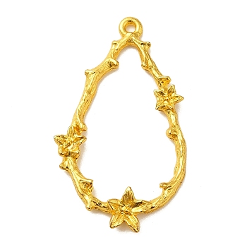 Rack Plating Alloy Pendants,  Cadmium Free & Lead Free, Teardrop with Flower, Golden, 37.5x21.5x3.5mm, Hole: 1.5mm