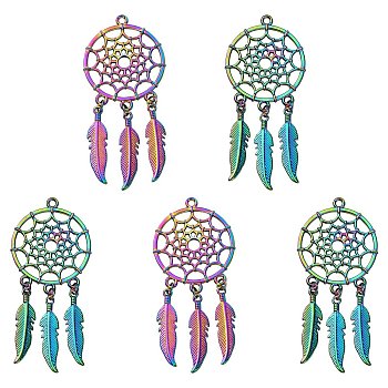 Rainbow Color Alloy Big Pendants, Cadmium Free & Lead Free, Woven Net/Web with Feather, 59x27x2mm, Hole: 2mm