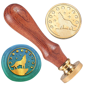Wax Seal Stamp Set, 1Pc Golden Tone Sealing Wax Stamp Solid Brass Head, with 1Pc Wood Handle, for Envelopes Invitations, Gift Card, Wolf, 83x22mm, Head: 7.5mm, Stamps: 25x14.5mm