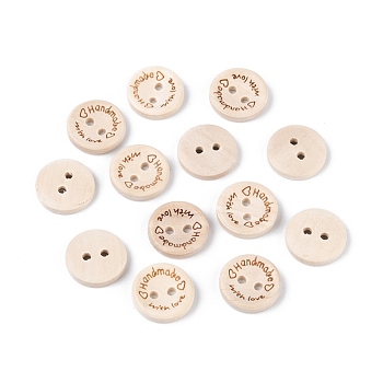 Wooden Buttons, 2-Hole, with Word, Flat Round with Word Handmade with Love, Blanched Almond, 15x3mm, Hole: 2mm
