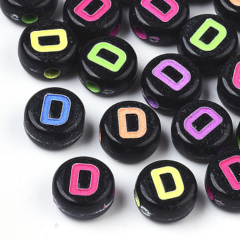 Opaque Black Acrylic Beads, Horizontal Hole, Flat Round with Mixed Color Letter, Letter.D, 7x4mm, Hole: 1.6mm, about 3600pcs/500g