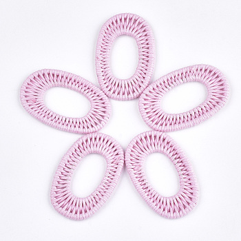 Waxed Polyester Cord Woven Pendants, with Iron Findings, Oval, Pink, 47~48x30~31x3mm