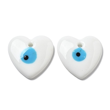 Handmade Evil Eye Lampwork Pendants, Heart Charms, White, 34.5~35x35~35.5x6.5~8mm, Hole: 3mm