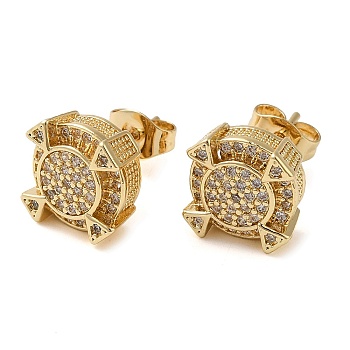 Brass Micro Pave Cubic Zirconia Stud Earrings, Flat Round Stud Earring, Long-Lasting Plated, Golden, 10x10mm