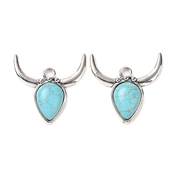 Synthetic Turquoise Pendants, Cattle Charms, with Alloy Findings, Antique Silver, 26x26x5mm, Hole: 2.5mm