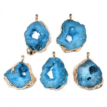 Natural Druzy Agate Pendants, with Golden Brass Edge and Pinch Bail, Dyed, Nuggets, Sky Blue, 48~59x41~50x8~11mm, Hole: 8x4.5mm