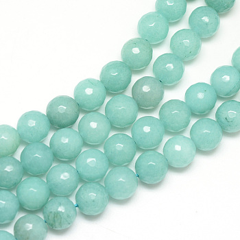 Natural White Jade Bead Strands, Dyed, Faceted, Round, Medium Aquamarine, 8~9mm, Hole: 1mm, about 46pcs/strand, 14.76~14.96 inch(37.5~38cm)