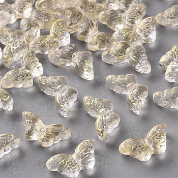 Transparent Spray Painted Glass Beads, with Glitter Powder, Butterfly, Lemon Chiffon, 8x15x4.5mm, Hole: 1mm