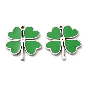 304 Stainless Steel Enamel Charms, Clover Charms, Stainless Steel Color, Green, 14.5x15x1.5mm, Hole: 1mm