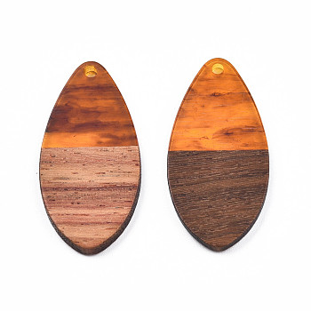 Transparent Resin & Walnut Wood Pendants, Teardrop Shape Charm, Chocolate, 38x18x3mm, Hole: 2mm