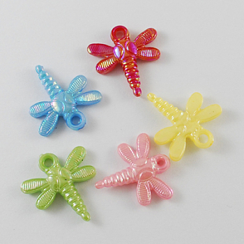 Opaque Acrylic Pendants, AB Color, Mixed Color, Dragonfly, Mixed Color, 22x20x4mm, Hole: 2mm, about 1230pcs/500g