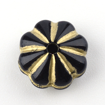 Flower Plating Acrylic Beads, Golden Metal Enlaced, Black, 10x5mm, Hole: 1mm