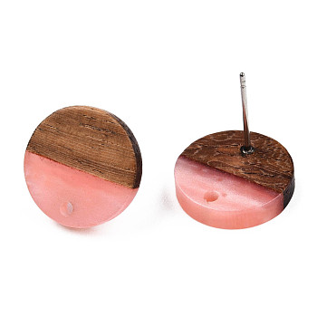 Resin & Walnut Wood Stud Earring Findings, with 304 Stainless Steel Pin, Flat Round, Salmon, 14mm, Hole: 1.8mm, Pin: 0.7mm