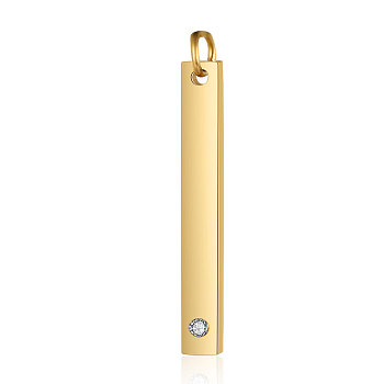 201 Stainless Steel Bar Tag Pendants, with Rhinestone, Rectangle, Crystal, Golden, 32x3.7x1.5mm, Hole: 3mm