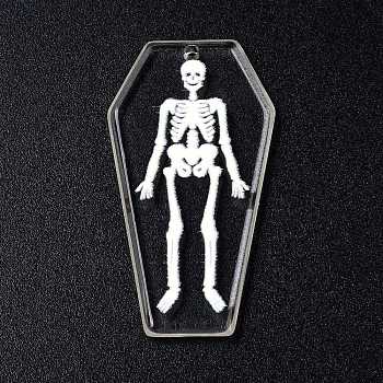 Printed Acrylic Pendants, for Halloween, Coffin with Skeleton Charm, Clear, 45x24x3mm, Hole: 1.8mm
