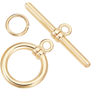 10Pcs Brass Toggle Clasps, Round Ring, with 20Pcs Open Jump Rings, Real 18K Gold Plated, Ring: 13x10x2.5mm, Hole: 1.5mm, Bar: 19x5x2.5mm, Hole: 1.4mm