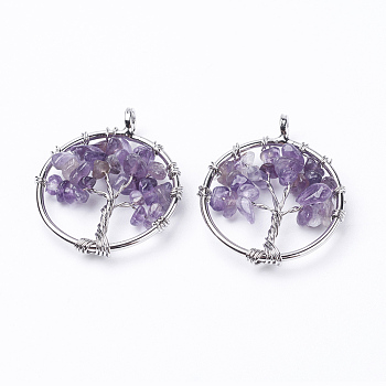Natural Amethyst Pendants, with Brass Findings, Flat Round with Tree of Life, Platinum, 29x5~7mm, Hole: 4.5mm