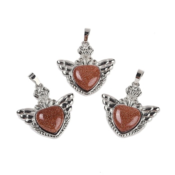 Synthetic Goldstone Pendants, with Rack Plating Brass Findings, Platinum, Cadmium Free & Lead Free, Heart, 33x32.5x6.5mm, Hole: 5x8mm