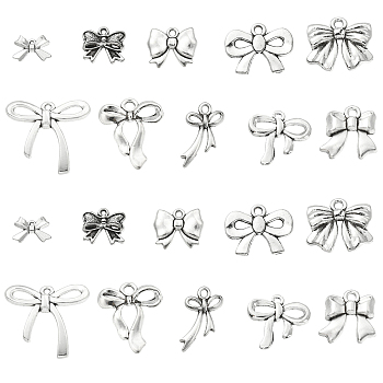 100Pcs 10 Styles Tibetan Style Alloy Pendants, Bowknot Charms, Antique Silver, 10.5~24x11~25x2~4mm, Hole: 1.7~2.5mm, 10pcs/style