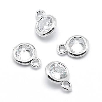 Brass Cubic Zirconia Pendants, Flat Round Charms, Lead Free & Cadmium Free, Real Platinum Plated, 7x5x2.5mm, Hole: 1mm