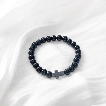 Natural Obsidian & Cross Stretch Bracelet