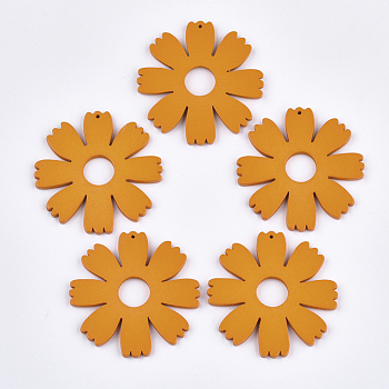 Painted Wooden Pendants, Flower, Orange, 49.5x49x3mm, Hole: 1mm