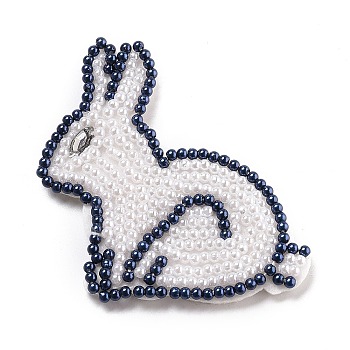 Computerized Embroidery Cloth Sew on Patches, Costume Accessories, Glass Pearl Appliques, with Crystal Rhinestone, Rabbit, White, 70x68x5mm