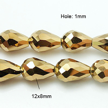 Electroplate Glass Beads Strands, Faceted, teardrop, Golden Plated, 12x8mm, Hole: 1mm, about 60pcs/strand, 27.1 inch