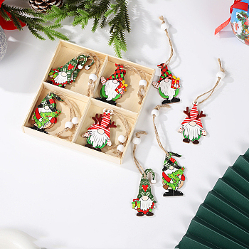 Christmas Wooden Gnome Box Set Pendant Decoration, with Hemp Rope and Wood Beads, for Christmas Tree Hanging Ornaments, Colorful, 60~65x30~40mm, 4style, 3pcs/style, 12pcs/box