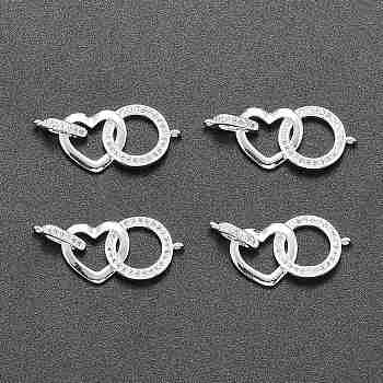 Brass Micro Pave Clear Cubic Zirconia Links Connectors, Long-Lasting Plated, Silver, Ring & Heart, Silver, 13x30x5mm, Hole: 1mm
