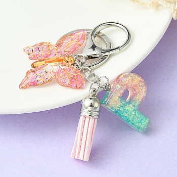 Resin & Acrylic Keychains, with Alloy Split Key Rings and Faux Suede Tassel Pendants, Letter & Butterfly, Letter P, 8.6cm
