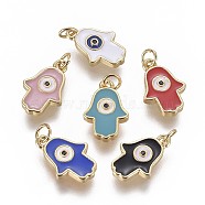 Enamel Charms, with Brass Findings and Cubic Zirconia, Hamsa Hand/Hand of Fatima/Hand with Eye, Golden, Mixed Color, 14.5x10x2mm, Hole: 3mm(KK-K234-08)