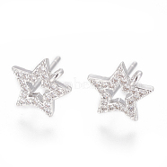 Brass Stud Earring Findings, with Cubic Zirconia and Loop, Star, Clear, Platinum, 10.5x10mm, Hole: 1.2mm, Pin: 0.8mm(X-ZIRC-O034-17P)