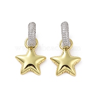 Two Tone Brass Micro Pave Clear Cubic Zirconia Dangle Hoop Earrings, Platinum & Golden, Star, 33x18mm(EJEW-M243-02B-GP)