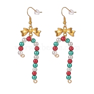Glass Christmas Candy Cane with Alloy Bowknot Dangle Earrings, Gold Plated Brass Jewelry for Women, Colorful, 69mm, Pin: 0.8mm(EJEW-JE04971-01)