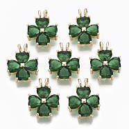 Glass Pendants, with Brass Findings, Faceted, Clover, Light Gold, Green, 18.5x13.5~14.5x4.5mm, Hole: 2mm(X-GLAA-T021-03A)