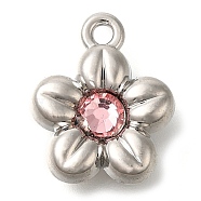 Rack Plating Alloy Pendants, with Rhinestone, Flower, Pink, 15x12.5x4.5mm, Hole: 1.5mm(PALLOY-M055-03P-01)