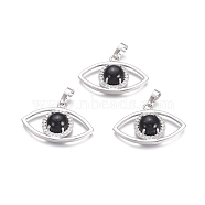 Natural Black Agate Pendants, with Platinum Tone Brass Findings and Crystal Rhinestone, Eye, 21.5x33.3x7.5mm, Hole: 7x5mm(G-L512-H13)