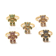 Cubic Zirconia Bear Open Cuff Ring, Golden Brass Jewelry for Women, Mixed Color, US Size 7 1/4(17.5mm)(KK-A180-24G)