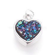 Druzy Resin Pendants, with Brass Finding, Heart, Platinum, Colorful, 14x12x4~6mm, Hole: 3mm(KK-J273-EP06)