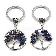 Natural Lapis Lazuli Flat Round with Tree of Life Pendant Keychain, with Iron Key Rings and Brass Finding, 6.5cm(KEYC-E023-03N)
