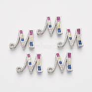 Brass Cubic Zirconia Slide Charms, Real Platinum Plated, Colorful, Letter, Letter.M, 18.5x24x5mm, Hole: 1x1mm and 1x9.5mm(ZIRC-S063-01M-P)